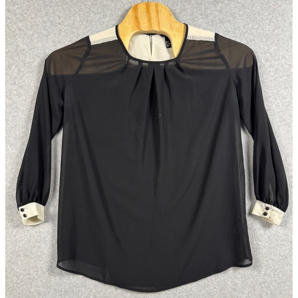 H&M Blouse Womens 4 Black Good Sheer Colorblock Pleated Long Sleeve Top